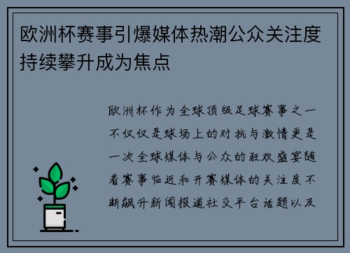 欧洲杯赛事引爆媒体热潮公众关注度持续攀升成为焦点